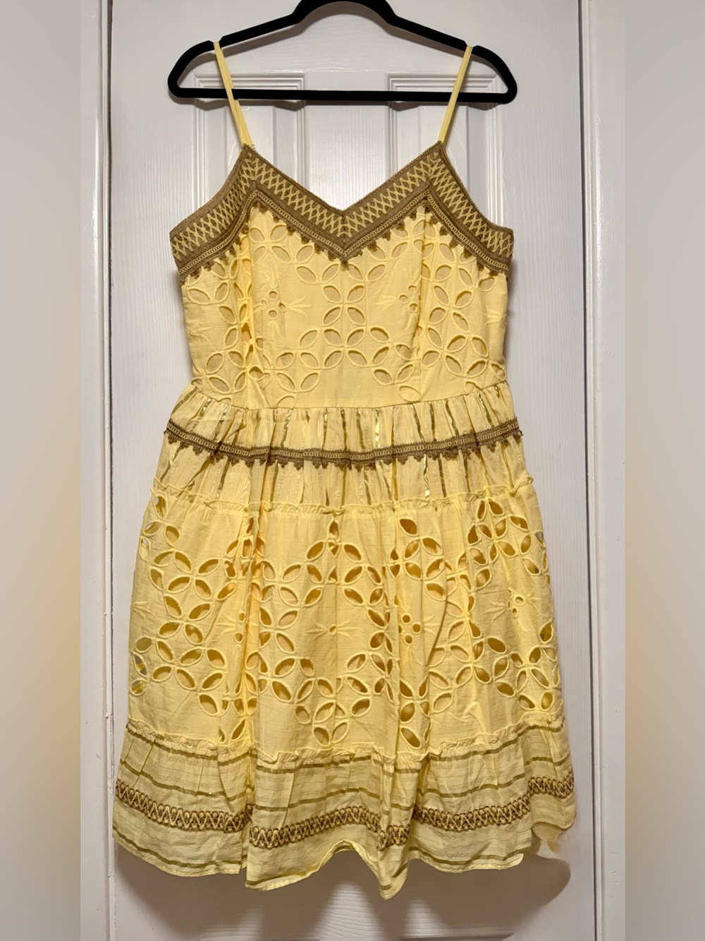Yellow Eyelet Spaghetti-Strap Sundress with Contrast Trim